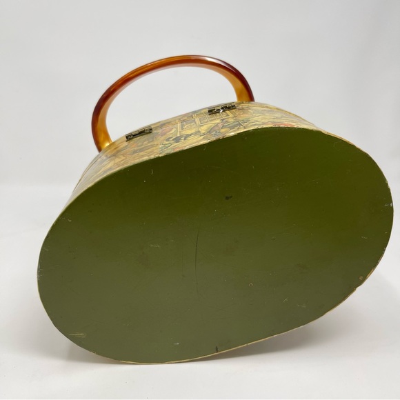 Vintage Folk Art Decoupage Box Purse | Tortoiseshell Lucite Handle | Mid-Century - Picture 14 of 14